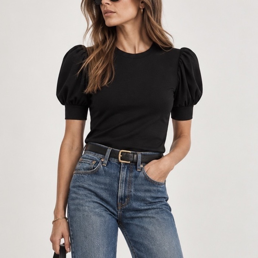 FRAME Balloon Sleeve Tee Shirt Women's Small Black Elevated Feminine Top